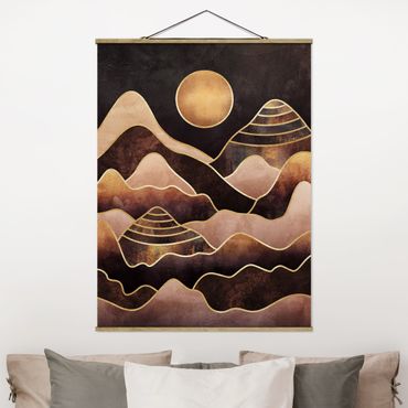 Plakat z wieszakiem - Złote słońce abstrakcyjne góry