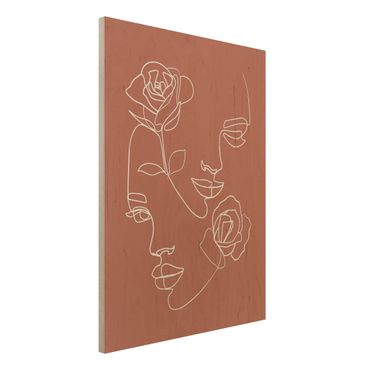 Obraz z drewna - Line Art Twarze kobiet Róże Miedź