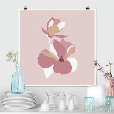 Plakat - Line Art Kwiaty pastelowy róż