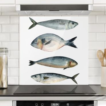 Panel szklany do kuchni - Cztery ryby w akwareli II