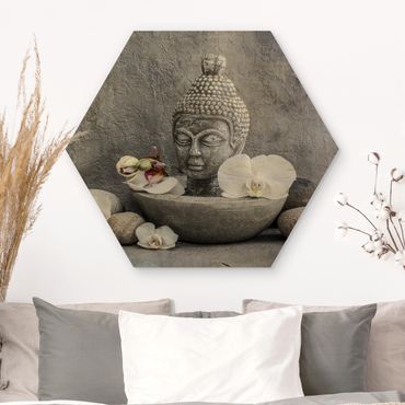 Obraz heksagonalny z drewna - Budda Zen, orchidee i kamienie