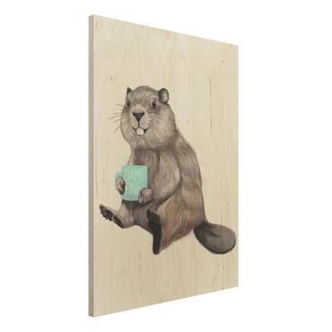Obraz z drewna - Ilustracja przedstawiająca bobra z filiżanką kawy