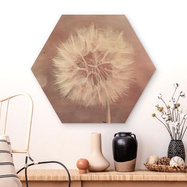 Obraz heksagonalny z drewna - dandelion bokeh różowy