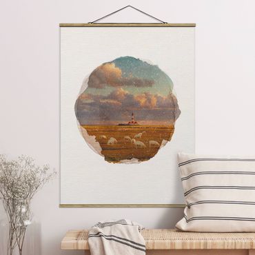 Plakat z wieszakiem - Akwarele - Latarnia morska na Morzu Północnym ze stadem owiec