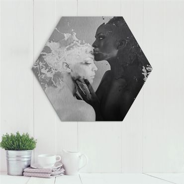 Obraz heksagonalny z Alu-Dibond - Mleko i kawa pocałunek czarno-biały