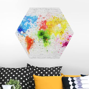 Obraz heksagonalny z Alu-Dibond - Mapa świata z białą cegłą