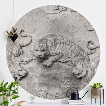 Okrągła tapeta samoprzylepna - Tygrys w stylu chinoiserie w kamieniu