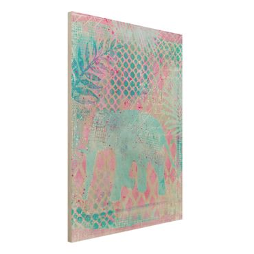 Obraz z drewna - Kolorowy kolaż - słoń w kolorze niebieskim i różowym