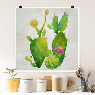 Plakat - Rodzina kaktusów różowo-żółty