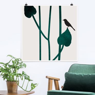 Plakat - Graficzne życie roślin - ptak na liściu