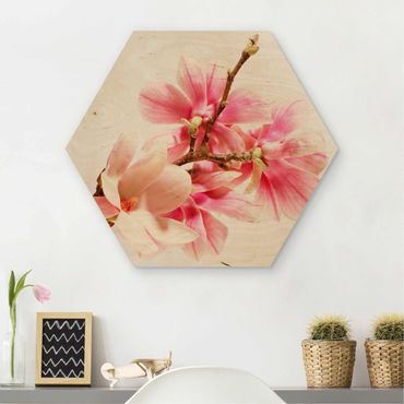 Obraz heksagonalny z drewna - Kwiaty magnolii