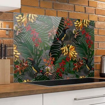 Panel szklany do kuchni - Tropical Ferns With Tucan Green