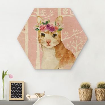 Obraz heksagonalny z drewna - Akwarela Kot różowy