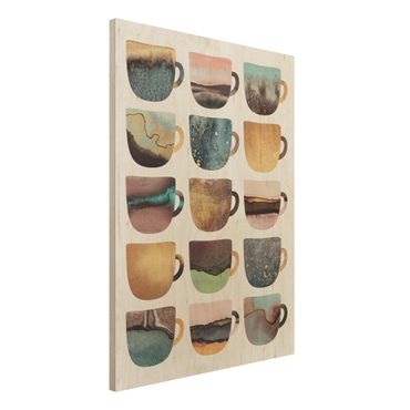 Obraz z drewna - Kolorowe filiżanki do kawy w kolorze złotym