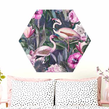 Obraz heksagonalny z Forex - Kolorowy kolaż - Różowe flamingi w dżungli