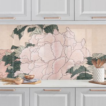 Panel ścienny do kuchni - Katsushika Hokusai - Różowe piwonie z motylem