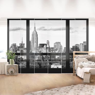 Zasłony panelowe zestaw - Okna z widokiem na panoramę Nowego Jorku czarno-białe