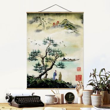 Plakat z wieszakiem - Japońska akwarela Drzewo sosnowe i górska wioska