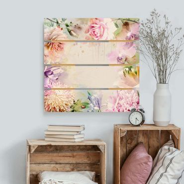 Obraz z drewna - Akwarela Mieszanka kwiatowa pastelowa