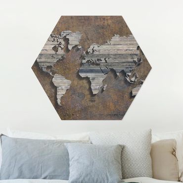 Obraz heksagonalny z Alu-Dibond - Mapa świata z rdzą drewna