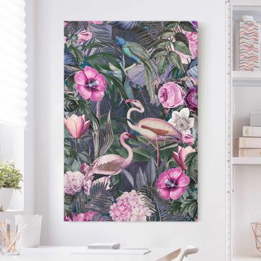 Obraz na płótnie - Kolorowy kolaż - Różowe flamingi w dżungli