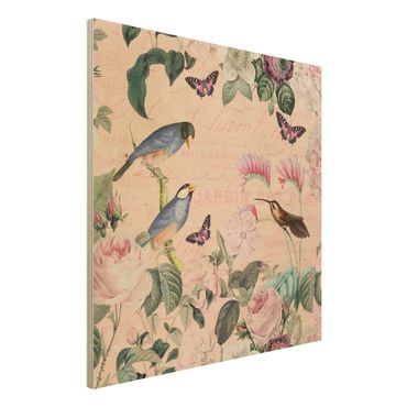 Obraz z drewna - Kolaż w stylu vintage - róże i ptaki