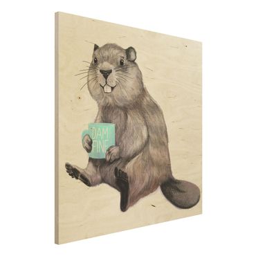 Obraz z drewna - Ilustracja przedstawiająca bobra z filiżanką kawy