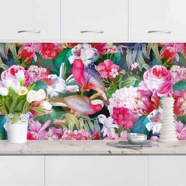 Panel ścienny do kuchni - Kolorowe kwiaty tropikalne z ptakami Różowy I