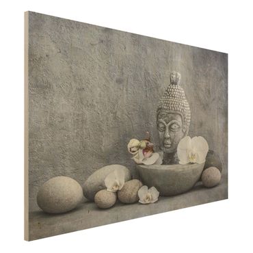 Obraz z drewna - Budda Zen, orchidee i kamienie