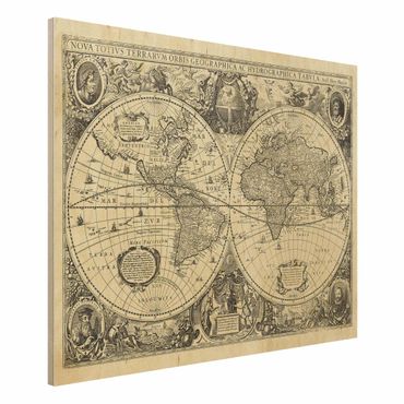 Obraz z drewna - zabytkowa mapa świata antyczna ilustracja