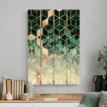 Obraz z drewna - Zielone liście złota geometria