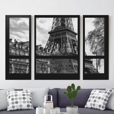 Obraz na płótnie 3-częściowy - Widok z okna na Paryż - w pobliżu wieży Eiffla czarno-białe