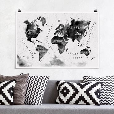 Plakat - Mapa świata akwarela czarna