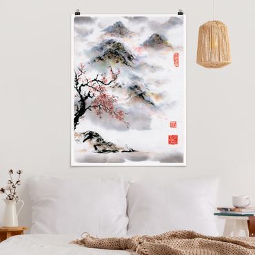 Plakat - Japońska akwarela Drzewo wiśniowe i góry