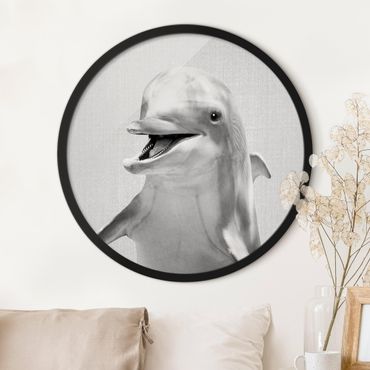 Okrągły obraz z ramką - Delfin Diddi czarno-biały