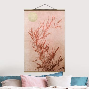 Plakat z wieszakiem - Złote słońce z różowym bambusem