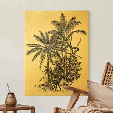 Złoty obraz na płótnie - Ilustracja w stylu vintage - małpy i drzewa palmowe