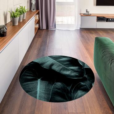 Okrągły dywan winylowy - Liście dżungli ciemnozielone