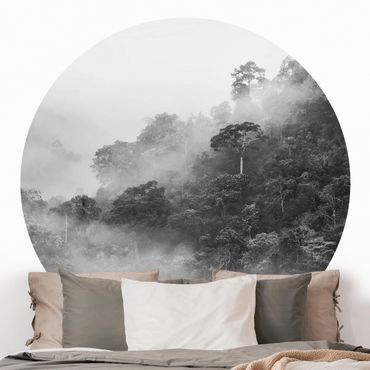 Okrągła tapeta samoprzylepna - Dżungla we mgle czarno-biały
