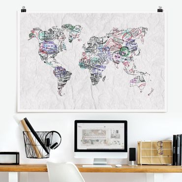 Plakat - Mapa świata z pieczątką paszportową