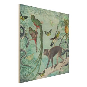Obraz z drewna - Kolaże w stylu kolonialnym - małpy i rajskie ptaki