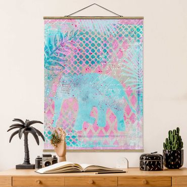 Plakat z wieszakiem - Kolorowy kolaż - słoń w kolorze niebieskim i różowym
