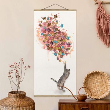 Plakat z wieszakiem - Ilustracja kot z kolorowymi motylami malarstwo