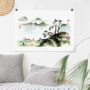 Plakat - Japońska akwarela do rysowania jeziora i gór