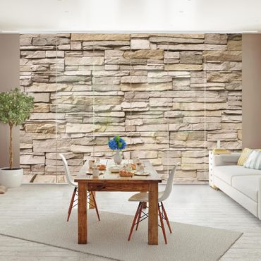 Zasłony panelowe zestaw - Asian Kamienna ściana - kamienny mur z dużych jasnych kamieni.