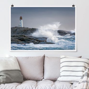 Plakat - Fale sztormowe przy latarni morskiej