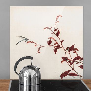 Panel szklany do kuchni - Rysunki azjatyckie Vintage Czerwona gałązka z ważką
