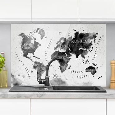 Panel szklany do kuchni - Mapa świata akwarela czarna