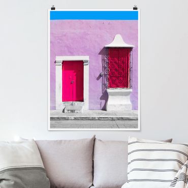 Plakat - Różowa fasada Różowe drzwi