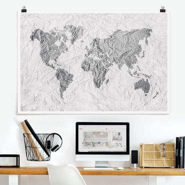 Plakat - Papierowa mapa świata biała szara
